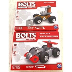Meccano Lot of 2 Bolts Race Car 26 Pieces, Bulldozer 31 Pieces New Free Shipping